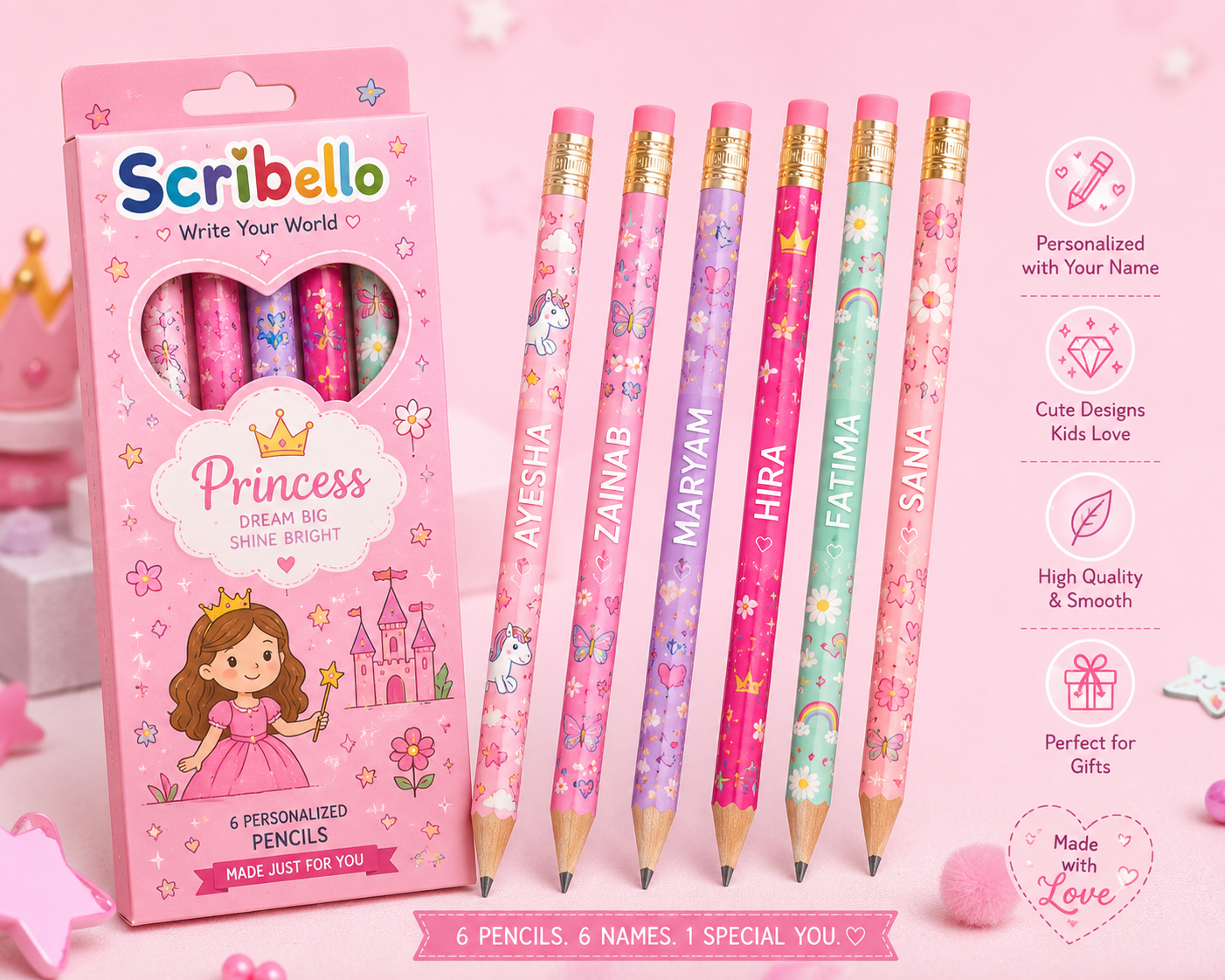 Scribello Princess Dreams Pencil Set ✨ | Personalized Girls Stationery (Pack of 6)
