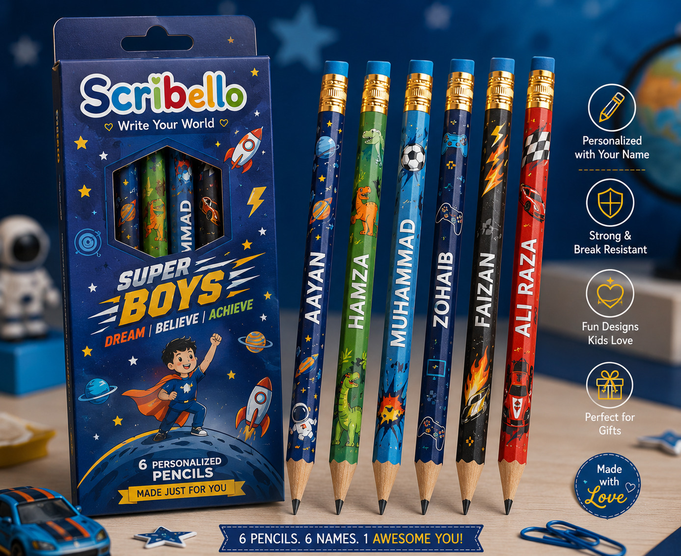 Scribello Super Boys Adventure Pencil Set 🚀 | Personalized Kids Stationery (Pack of 6)