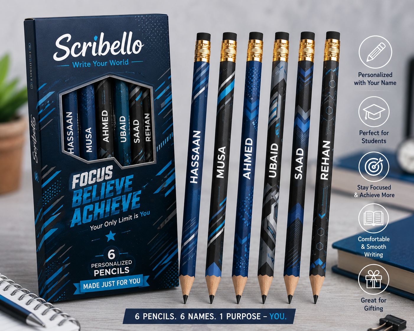 Scribello Urban Edge Pencil Set ⚡ | Personalized Student Stationery for Boys (Pack of 6)